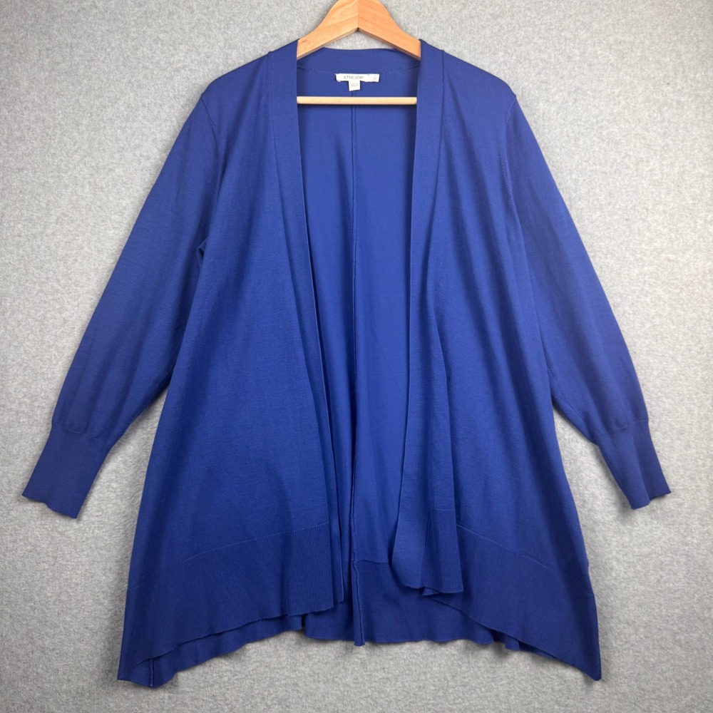 Chicos Cardigan Size 1 Womens Medium Blue Sweater Open Front Knit Office Casual